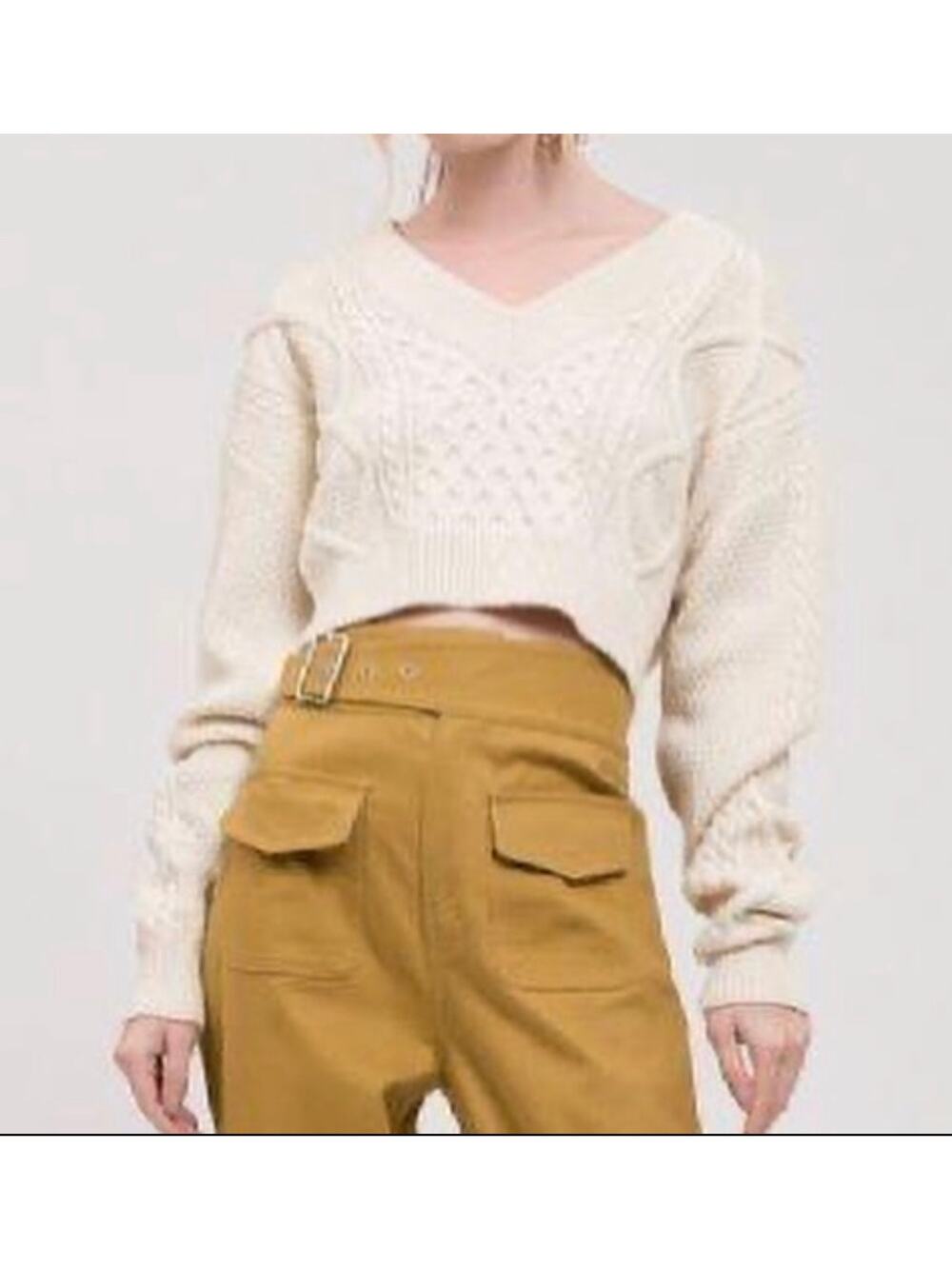 J.O.A chunky knit white cropped sweater with open back tie bow